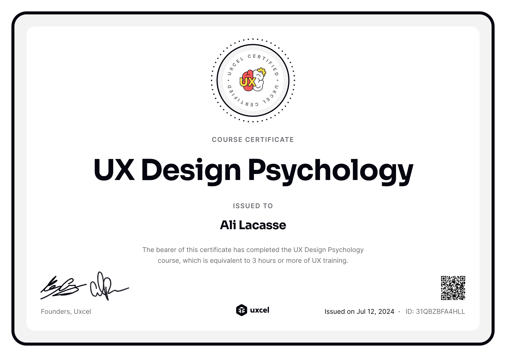 Alline Lacasse's certificate